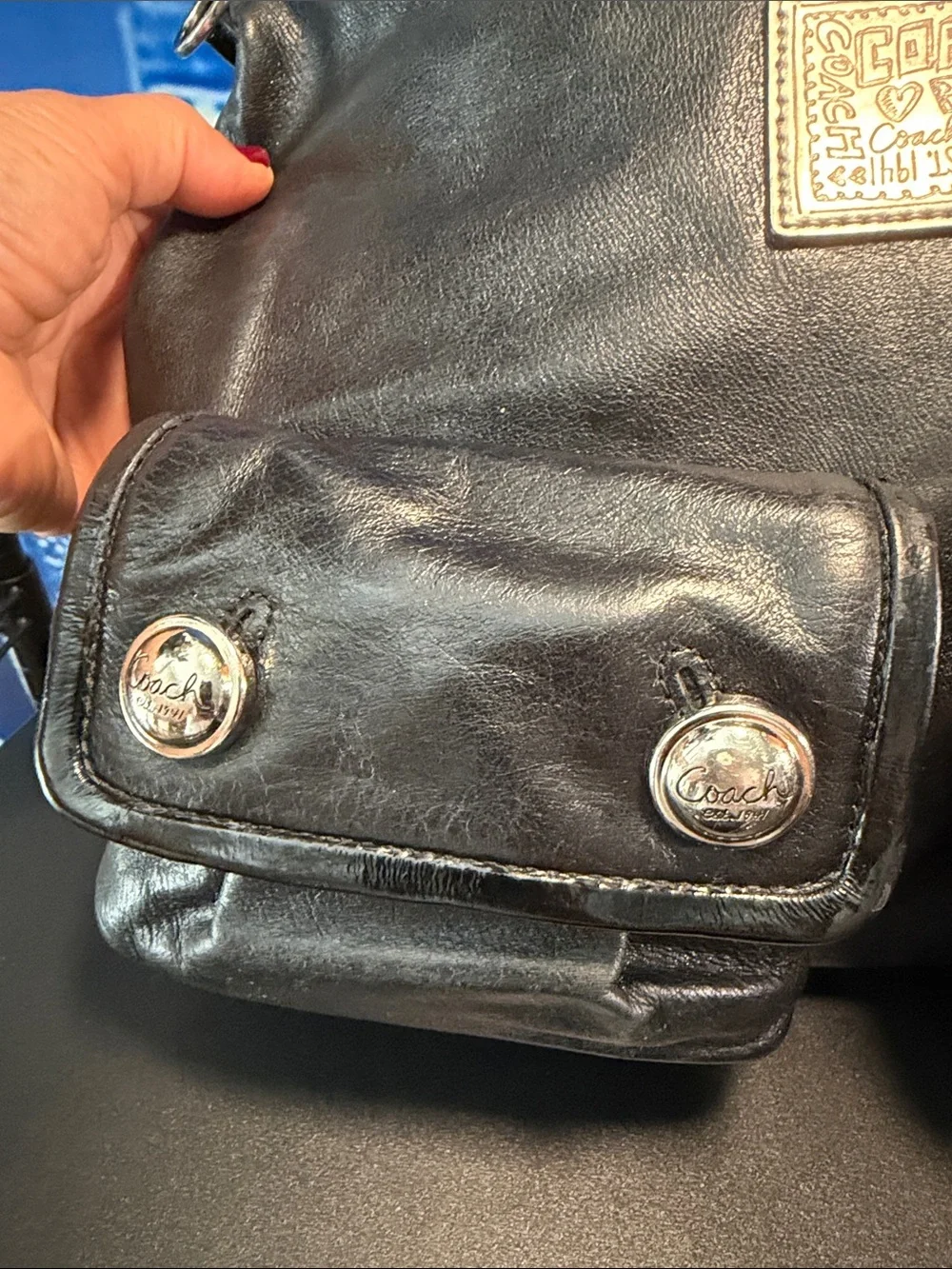Coach Poppy Black Leather Messenger Bag with Front Pockets